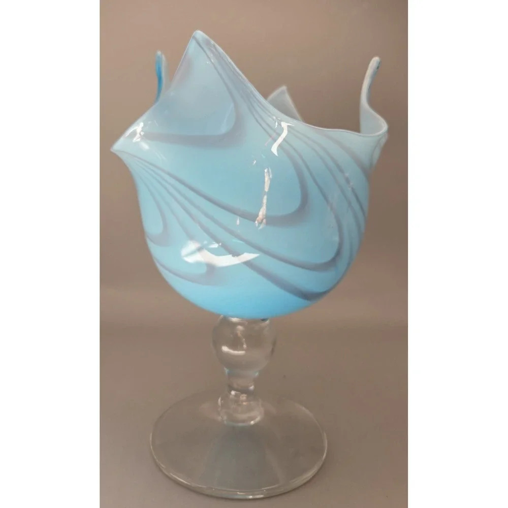 Vintage Pedestal‎ Vase Murano Fazzoletto Sky Blue Italian Hankerchief